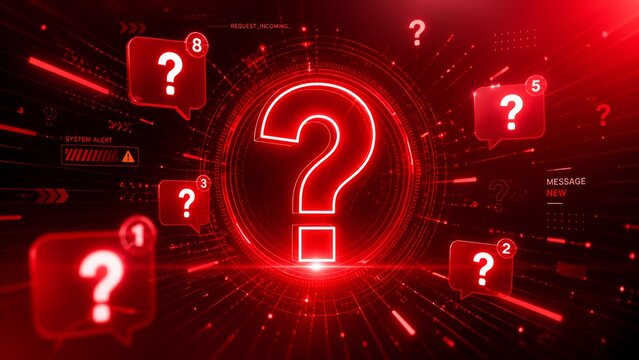 Futuristic Red Question Mark Background with Neon Digital Inquiry Symbols