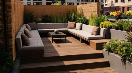 Naklejka premium Modern urban roof garden features sectional seating and planters with rich green plants. A raised wooden deck offers outdoor living space with city building backgrounds. Outdoor patio furniture.