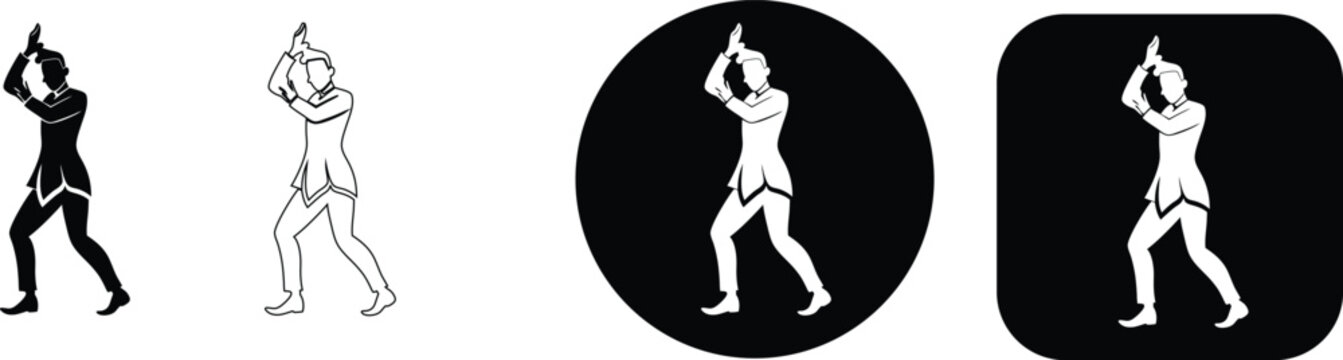 Male dancer in silhouette and outline, circular and square formats, black and white