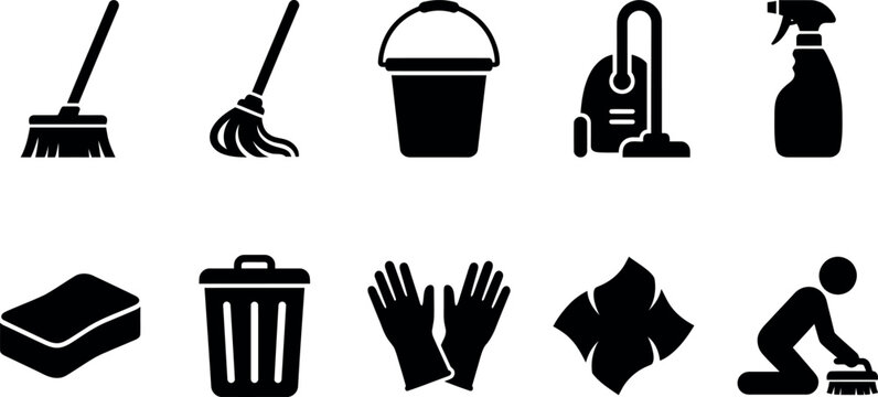 Black silhouette cleaning icons on transparent background for graphic design