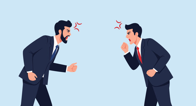 Two angry businessmen in suits shouting and arguing with each other with red anger symbols floating between them against a blue background.