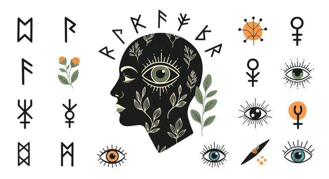 Mystical profile of a head filled with plants and a large central eye surrounded by runes and various occult and spiritual symbols.