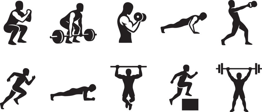 A comprehensive icon collection featuring weightlifting, cardio, and bodyweight training poses.