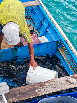 fisherman in a yellow shirt and white hat sorting a large catch of dark fish into a bucket inside a blue wooden boat on turquoise water