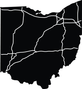 Ohio state map silhouette with main interstate highways and major roads isolated on white background