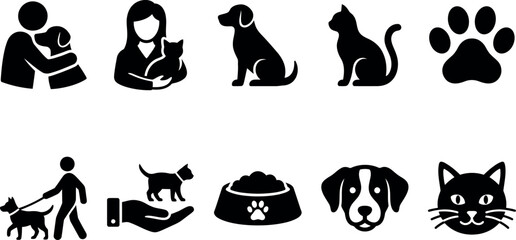 Black silhouettes of people and pets with food bowl and paw print icons © SAYEDAJANNATUL