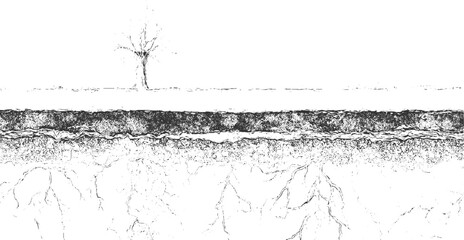 Stylized cross section of earth showing tree roots and soil layers with a bare tree above