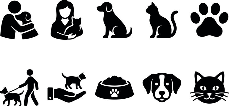 Black silhouettes of people and pets with food bowl and paw print icons