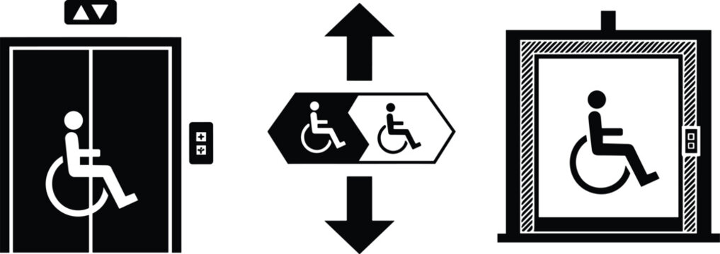 Inclusive wheelchair accessibility elevator pictogram set showing up and down movement symbols for disabled access, mobility assistance, and universal design concept illustration