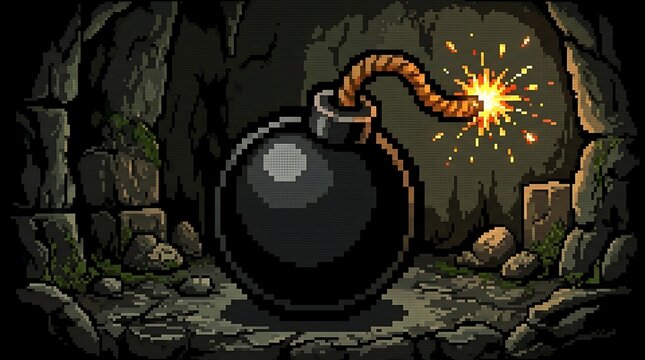 A classic round black bomb with a lit fuse sparking brightly