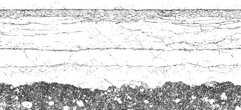 Cracked concrete asphalt pavement texture with gravel and debris layers abstract background black white