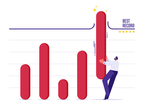 Surpassing business target concept, record breaking sales, earning exceed expectation, businessman making bar graph breaking through record line