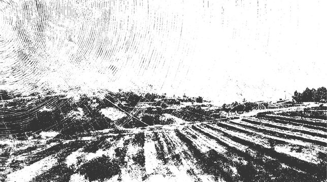 Black and white textured landscape with concentric circles and plowed fields abstract grunge