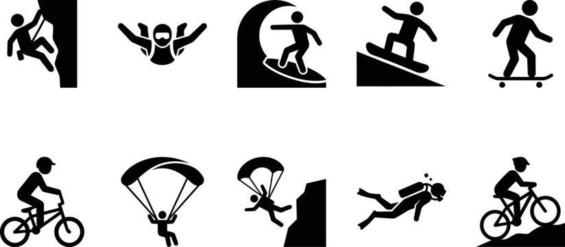 Black silhouettes of people doing various extreme sports activities  icons