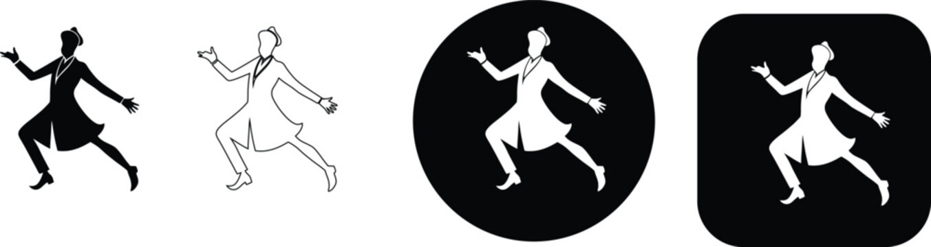 Man in formal attire, possibly a suit with a flared jacket, in a dynamic running or dancing pose, presented