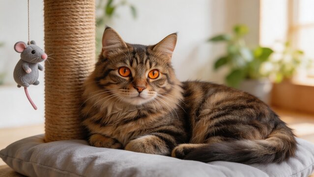 Cat resting on cushion near scratching post