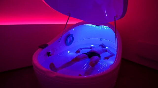 Man drifts weightlessly in a hyper saline float pod, calm wellness therapy scene, static tripod shot.