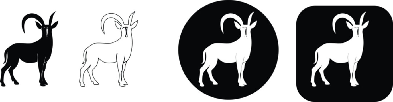 Four distinct styles of an ibex: silhouette, outline, circular and square presented on white.keywords: ibex