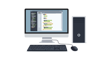 Fototapeta premium Desktop Personal Computer Setup with Software Coding Interface on Monitor Screen illustration