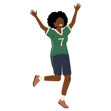 Cheerful young woman jumps with raised arms, wearing a green jersey, expressing excitement and passion as a football fan. Flat illustration expressing celebration, energy, and positivity.