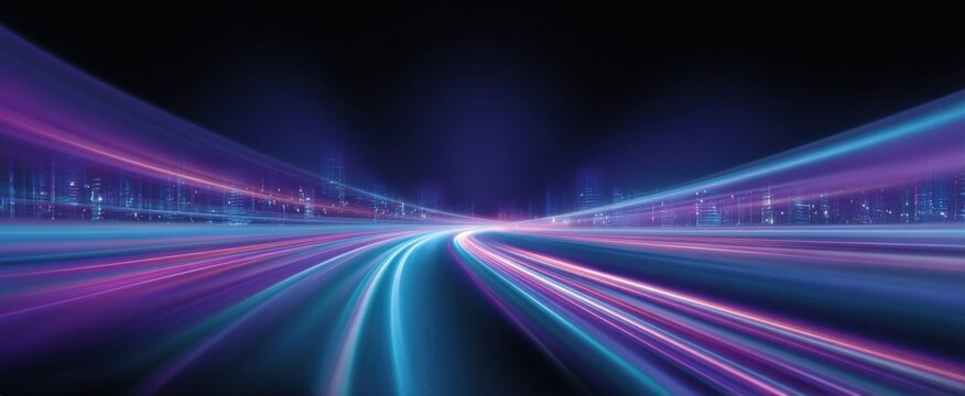 Futuristic blue and purple neon lights illuminate an urban highway with dynamic traffic motion.