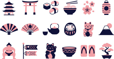 Collection of flat vector icons representing traditional symbols and cultural elements from historical japan in pink theme © Septarim