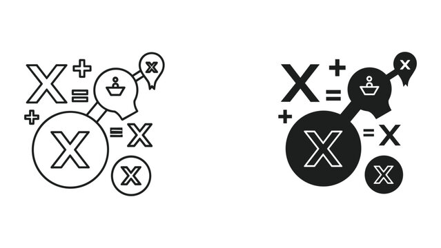 Black and white line icons of mathematical equations and human heads with shopping carts