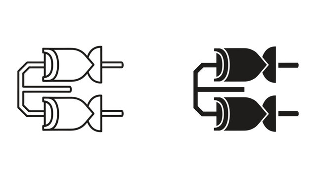 Black and white line and solid icon of two rocket engines connected side by side on white background