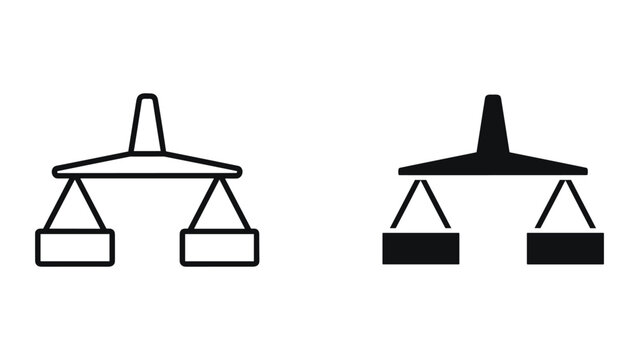 Two black and white scales icons with balanced weights on each side isolated on white background