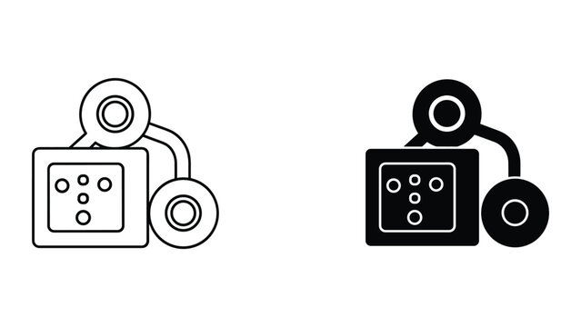Vector illustration of two black and white icons depicting a square device with wheels and a circular object on top, used for industrial or technical applications