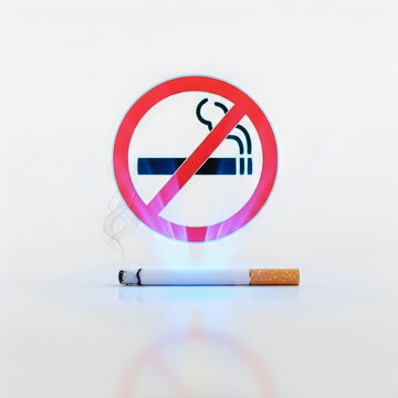A conceptual 3d illustration of a glowing nosmoking sign hovering above a lit cigarette isolated on white background