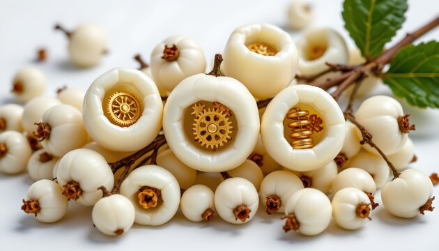 The image features a cluster of white, round berries with some cut open to reveal intricate mechanical gears and springs inside, creating a blend of natural and steampunk inspired elements