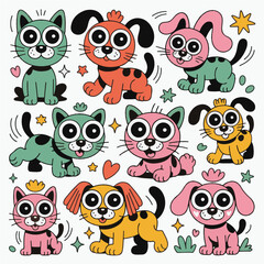Obraz premium Retro Groovy Cute Pet Sticker Set with Kawaii Cats and Dogs in Vibrant Cartoon Style