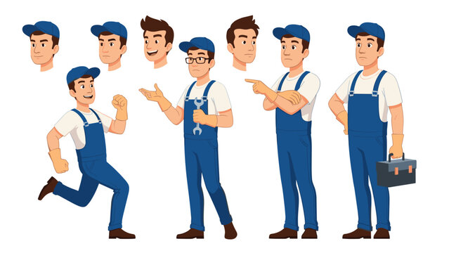 Male handyman and repairman character poses set showing various actions with tools and a metal toolbox in blue overalls.