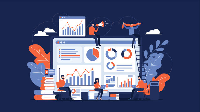 Business analytics team working around a large digital dashboard with financial charts and data visualization to monitor company performance.