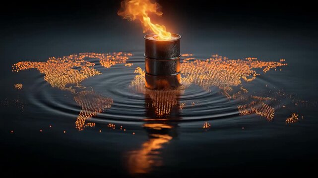 	
Burning oil barrel floating on ocean with glowing world map beneath. Concept of global oil crisis, energy conflict, environmental pollution, and rising fuel instability.