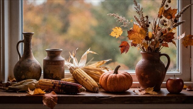 Autumn harvest arrangement with pumpkin corn and dry leaves on windowsill ideal for Thanksgiving decoration and seasonal marketing background