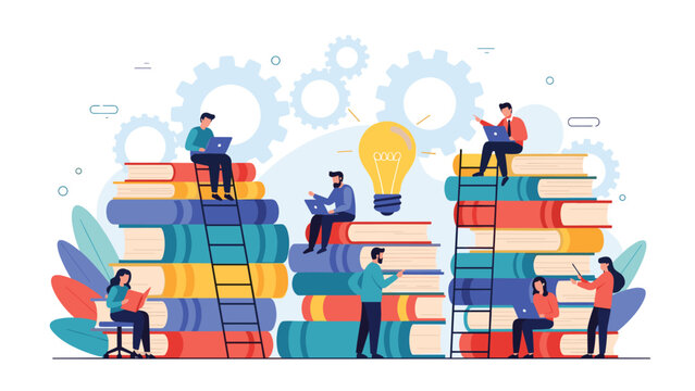 Group of learners sitting on top of large book stacks with laptops to represent the integration of technology and traditional education.