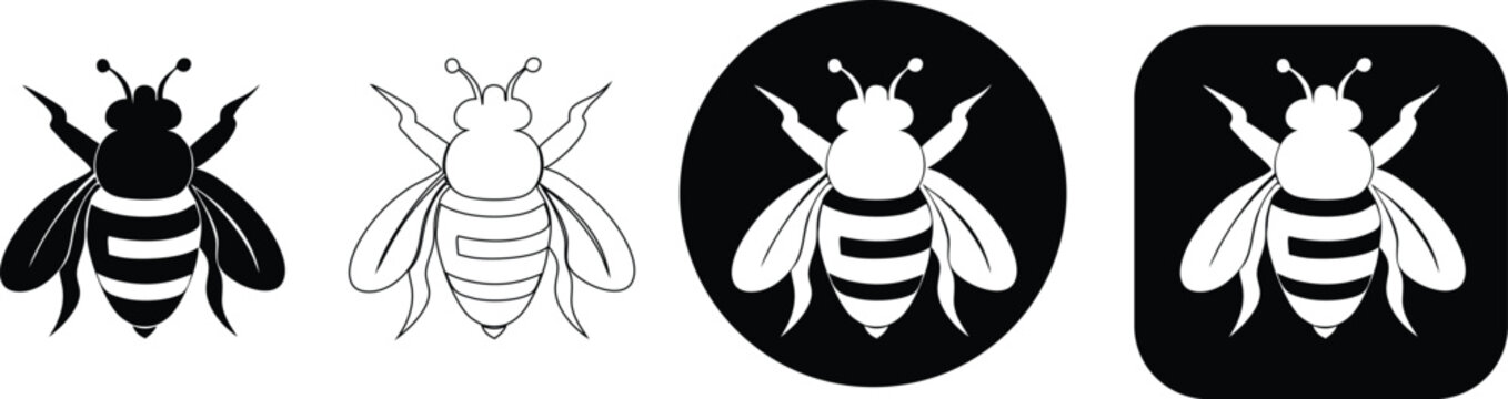 Four stylized bee solid black, outline, circle emblem, and square badge insect symbol