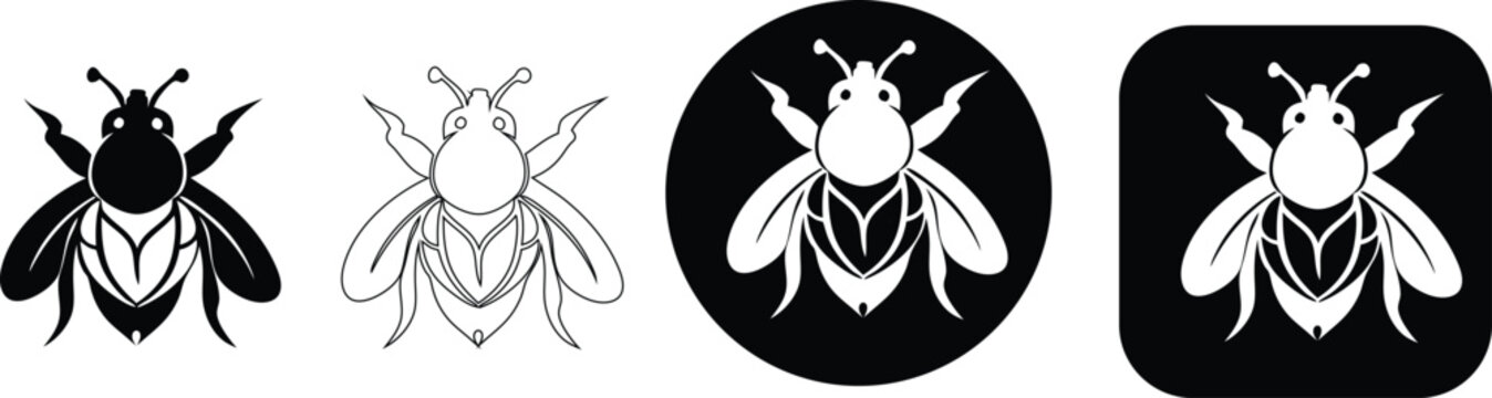 Four stylized bee solid black, outline, circle emblem, and square badge insect symbol