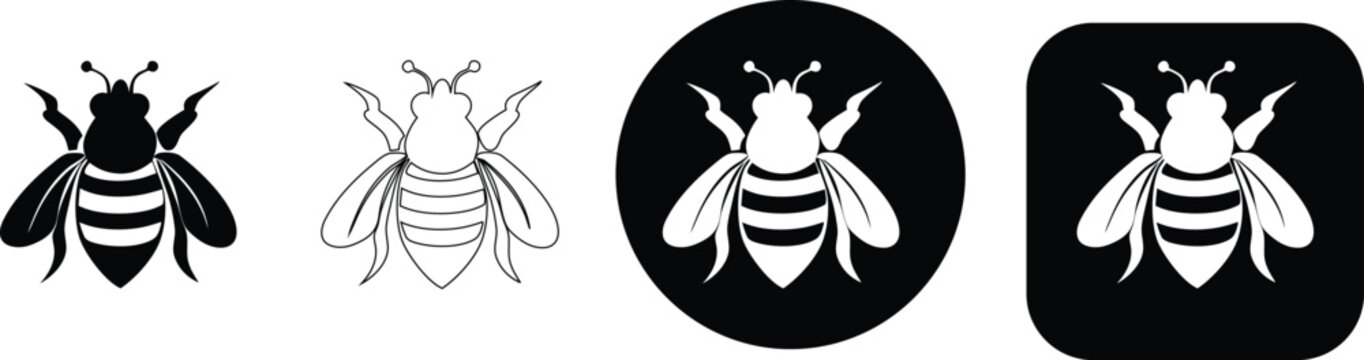 Four stylized bee solid black, outline, circle emblem, and square badge insect symbol