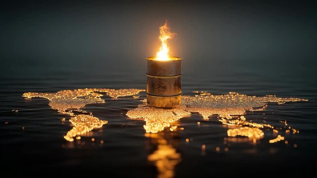 	
Burning oil barrel floating on ocean with glowing world map beneath. Concept of global oil crisis, energy conflict, environmental pollution, and rising fuel instability.