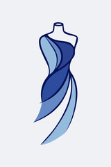 Logotipo de boutique de moda femenina. Dibujo minimalista con líneas y relleno de color azul de un vestido de noche con falda © teracreonte