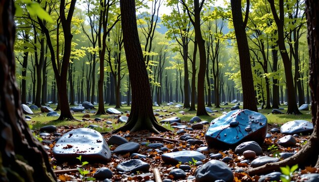 The image depicts a tranquil forest scene with tall, slender trees whose branches are adorned with fresh, light green leaves