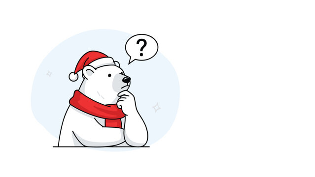 Pensive polar bear wearing a red Santa hat and scarf thinking about a problem with a question mark in a speech bubble.