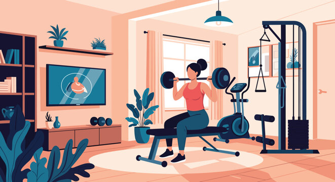 Active woman performs a weightlifting workout with a barbell in her well-equipped home gym while following an online fitness class on TV.
