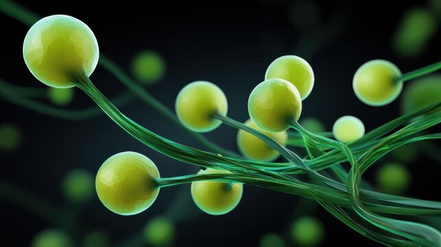 A digital illustration of green spherical structures connected by thin filaments, resembling microscopic fungi or spores in an abstract, scientific style.
