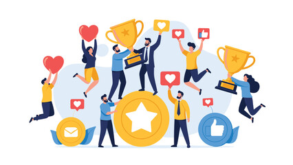 Fototapeta premium Successful team celebrating victory with golden trophies and social media icons for recognition and achievement.