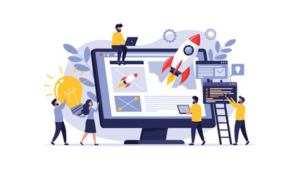 Naklejka premium Creative business team working on a web development project with rocket launch and light bulb icons for innovation.