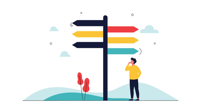 Confused man stands in an outdoor landscape looking at a signpost with multiple colorful arrows pointing in different possible directions.